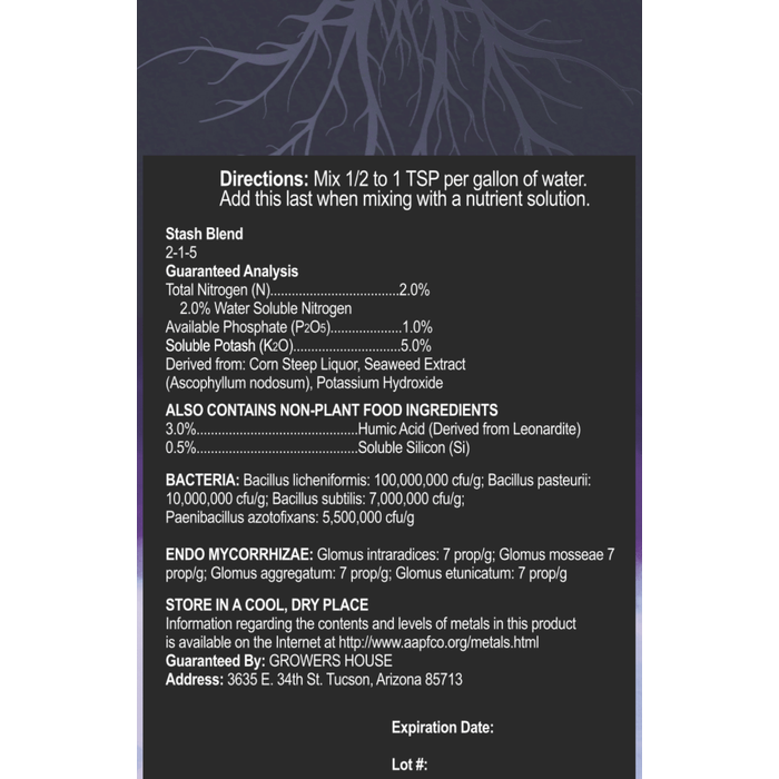 Stash Blend Premium Plant Additive - Back Label