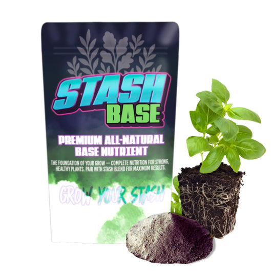 Stash Base Premiym All-Natural Base Nutrient Bag with plant on grow cube