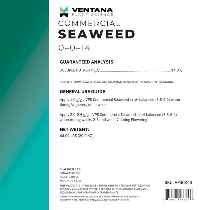 Ventana Plant Science - Commercial Seaweed - Front Label 44.09 Lbs